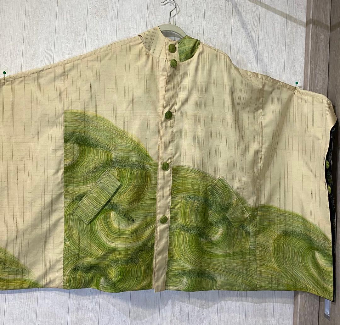 正絹紬訪問着 村山大島紬 リバーシブル フードポンチョ (難あり)