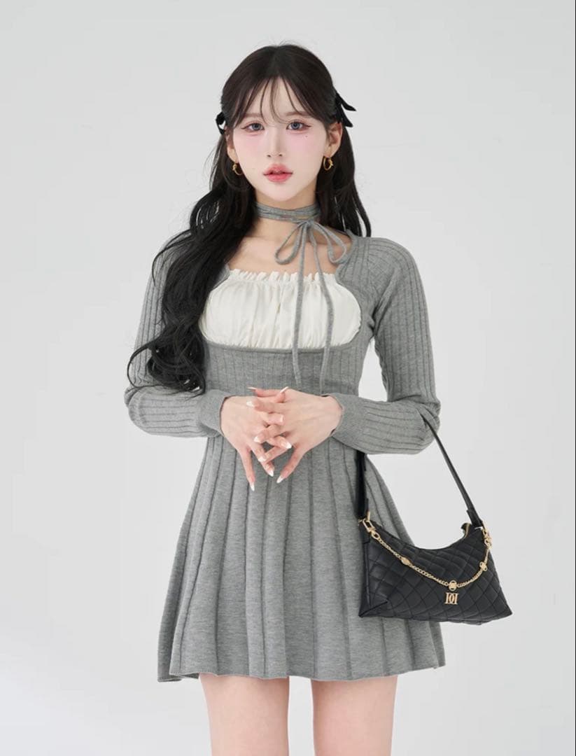 ネックリボンデザインフレアニットミニワンピース