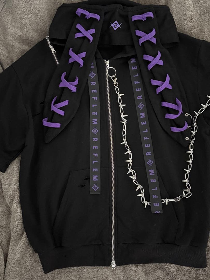 REFLEM レフレム うさ耳ダメージZIPアップ半袖パーカー (紫・パープル)