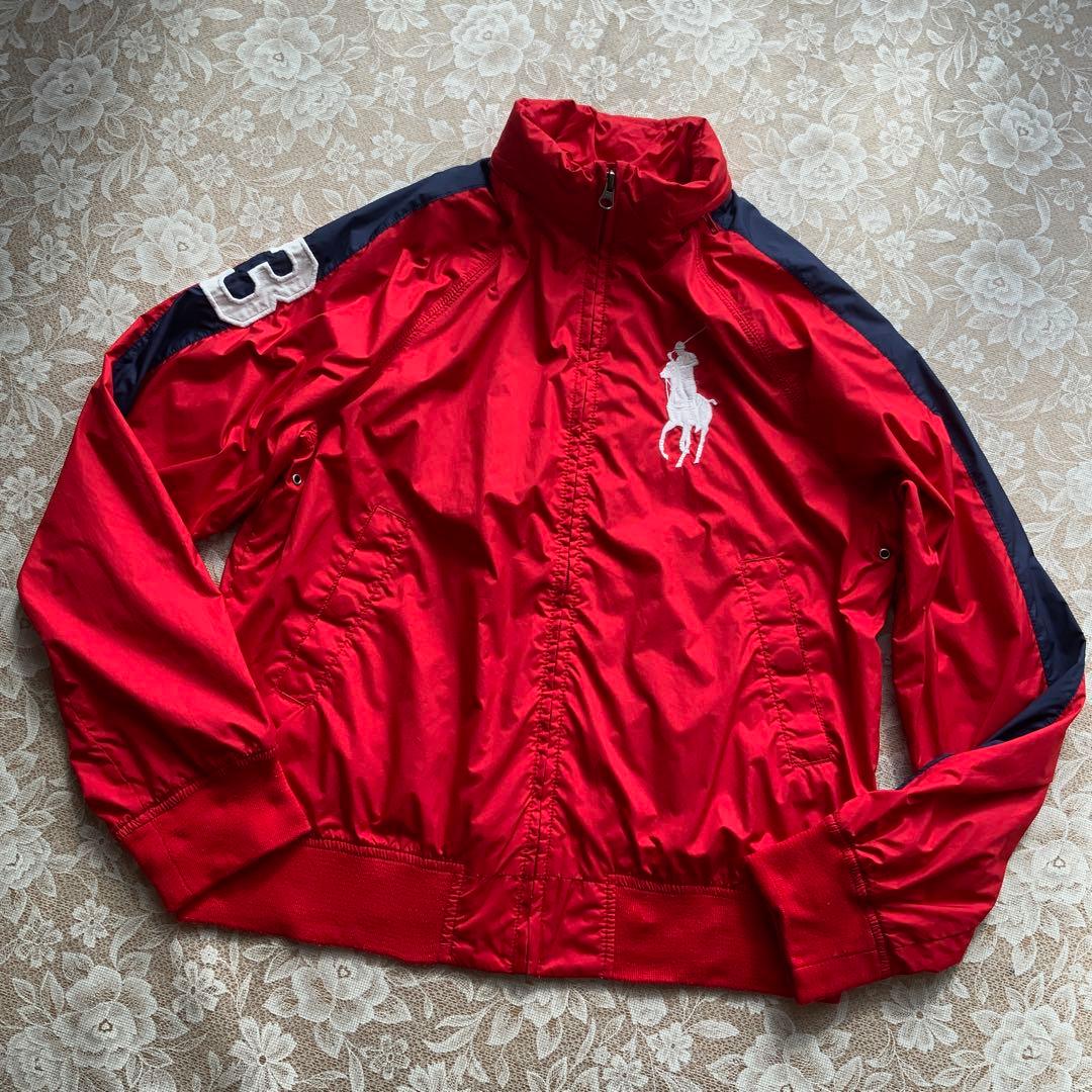 ポロバイラルフローレン　フード内蔵　ブルゾン170赤×ネイビー　ビッグポニー刺繍