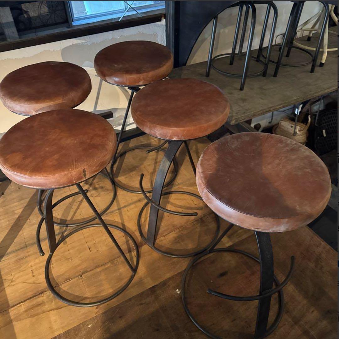 インド アイアン 水牛革 カウンターチェアー 1/4脚