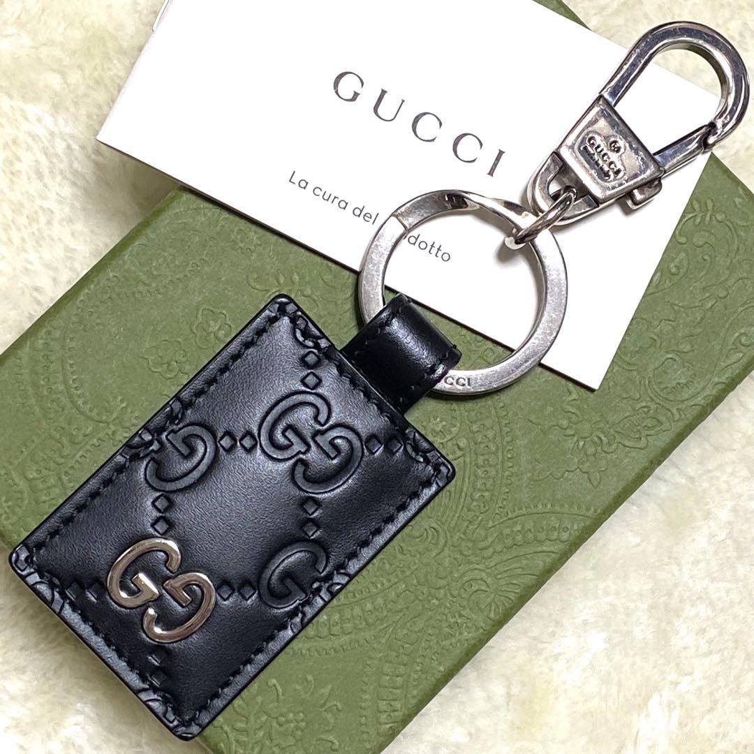 付属品完備❗️新品保管品✨グッチキーホルダーGG総柄シマ型押し黒レザーシルバー金具