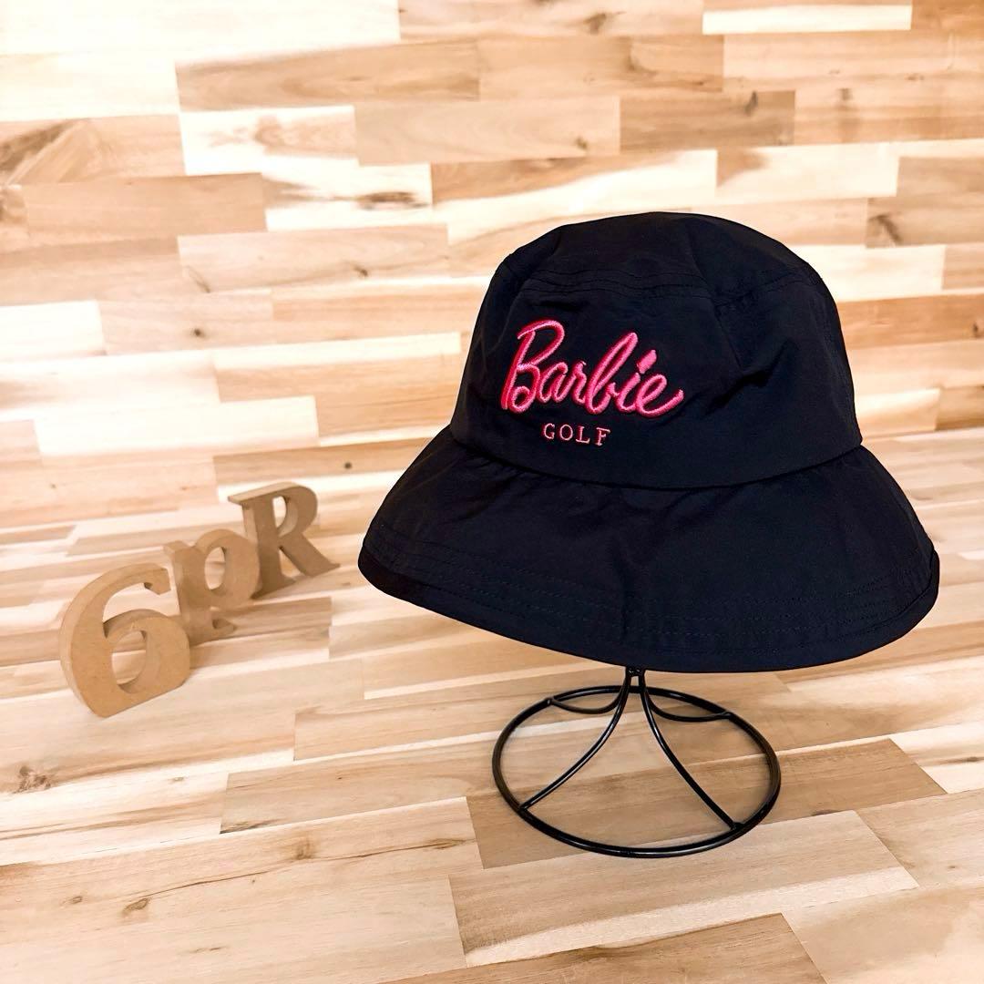 美品【パーリーゲイツ×バービー】限定コラボ 刺繍 ゴルフ ハット S 黒×ピンク