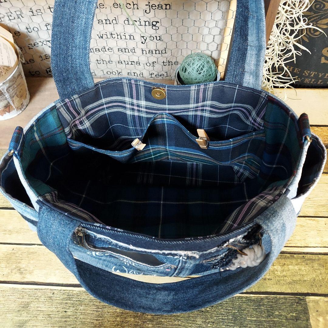 刺繍デニムバック　No.641　デニムリメイク　刺繍バック　チューリップバック
