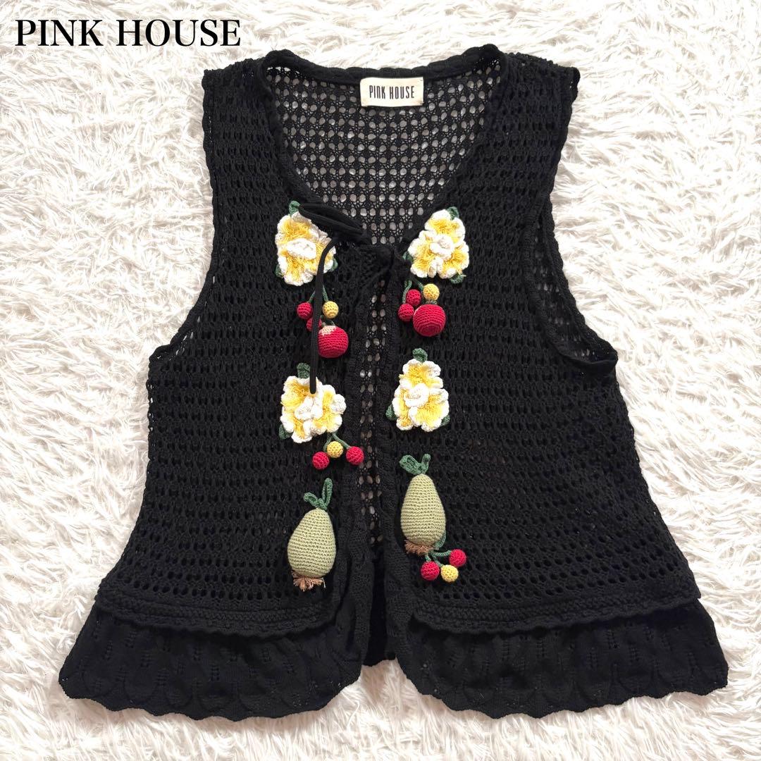美品✨ピンクハウス　2024 フルーツモチーフ　ニットベスト　ブラック