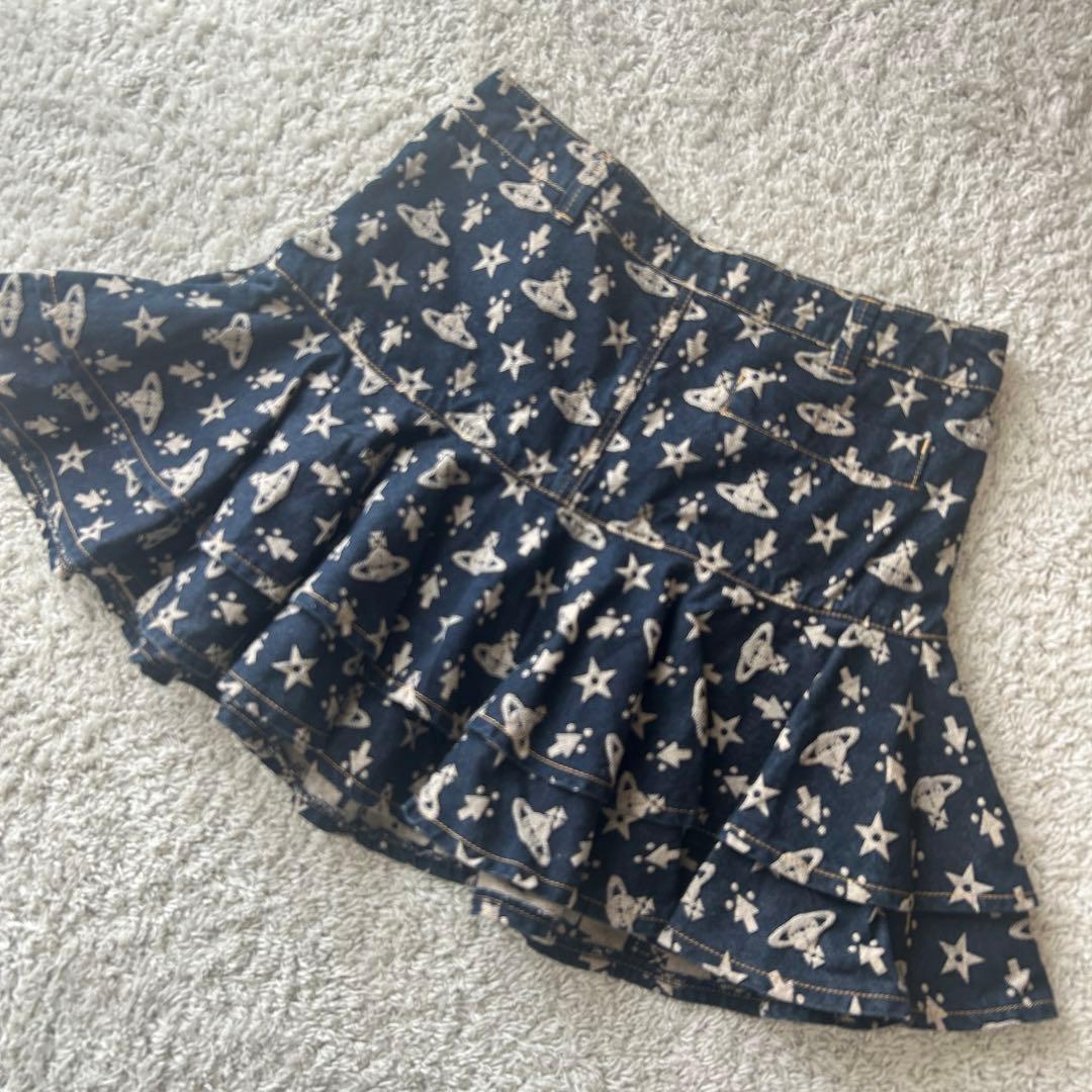 ヴィヴィアンウエストウッド　オーブ ミニスカート　フリル　デニム　総柄　RED