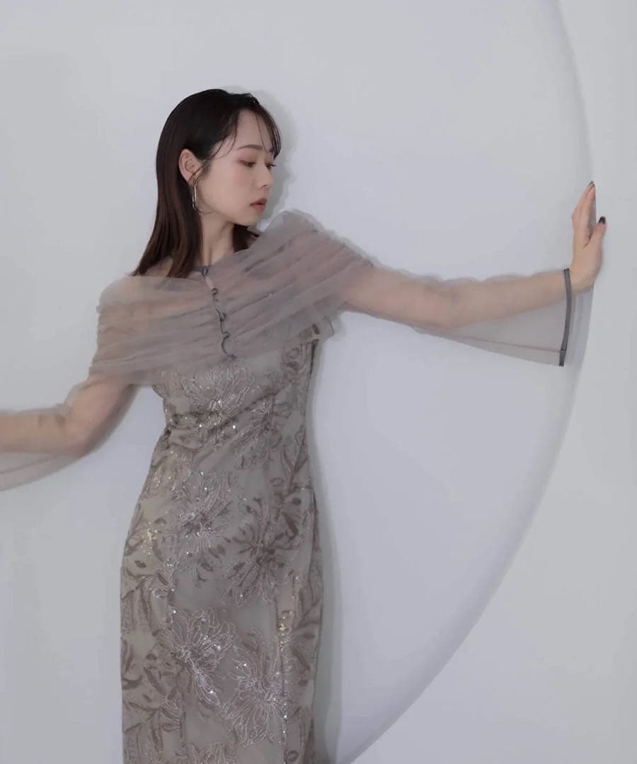 【訳あり】LEJA チュールオフショルダー花柄Iラインワンピースドレス