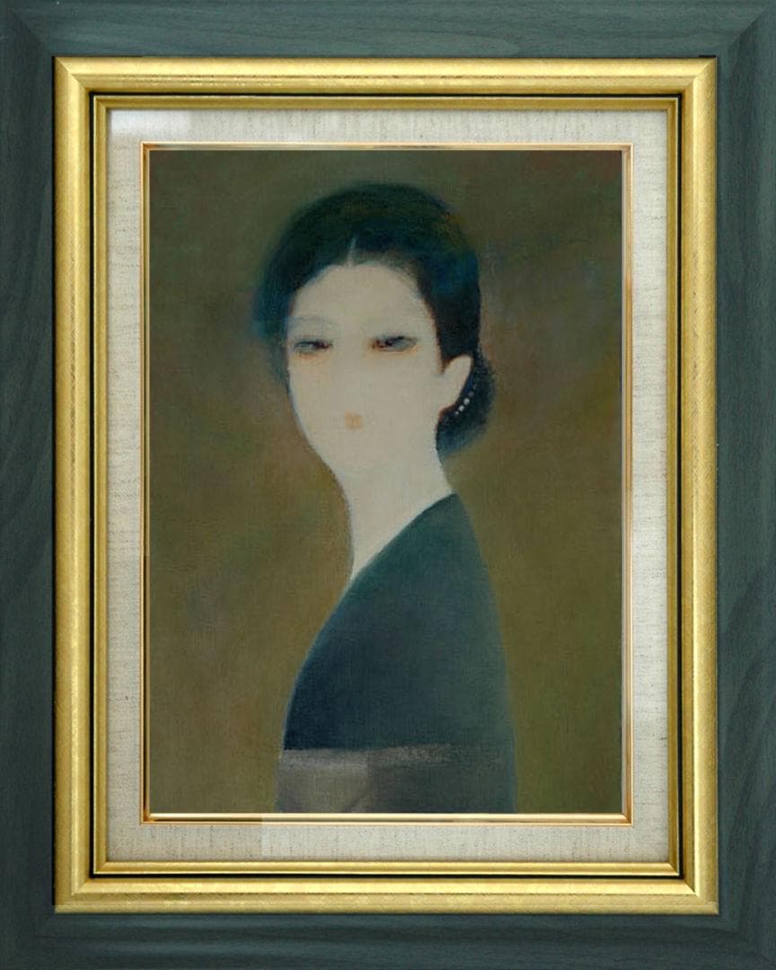 油絵 菅家令子 絵 絵画インテリア 額付(青緑＋金色の枠)F4-070312女性