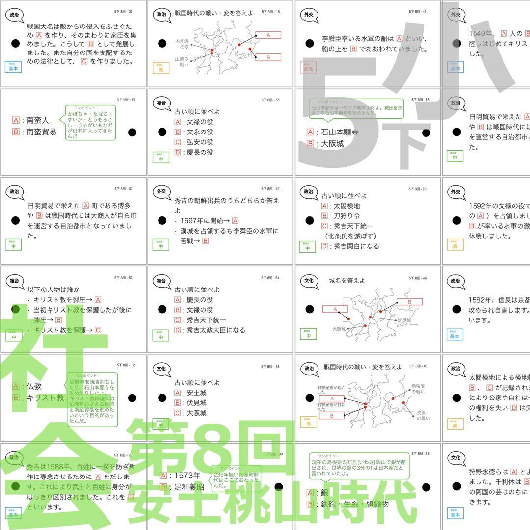 中学受験 暗記カード【5年下 社会・理科1-9回】 予習シリーズ 組み分け対策