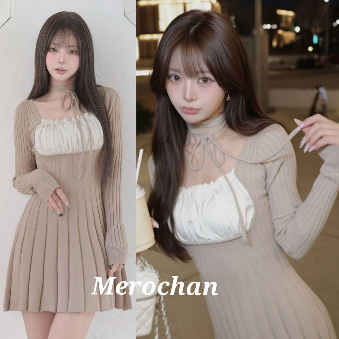 ダーリッチ パフスリーブリボンフレアニットミニワンピース ベージュ